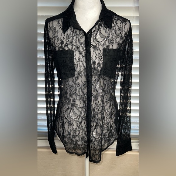 Guess Button Down Tunic Black Lace Long Sleeve With Pockets - Picture 1 of 7